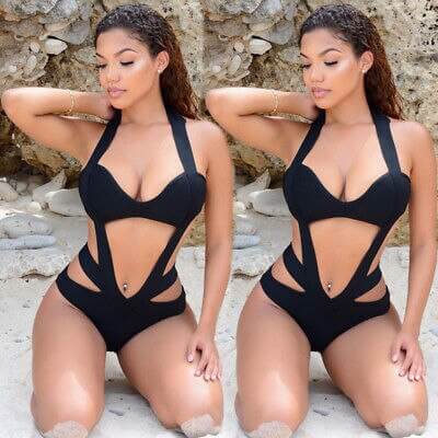 Women Woman Black One-Piece Swimsuit Bodysuit