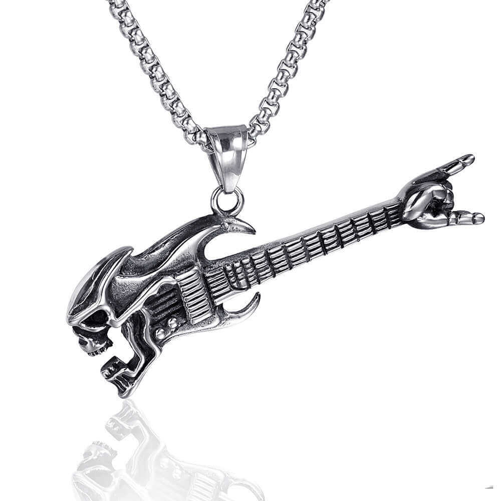 Rock Skull Guitar Pendant Necklace in Titanium Steel
