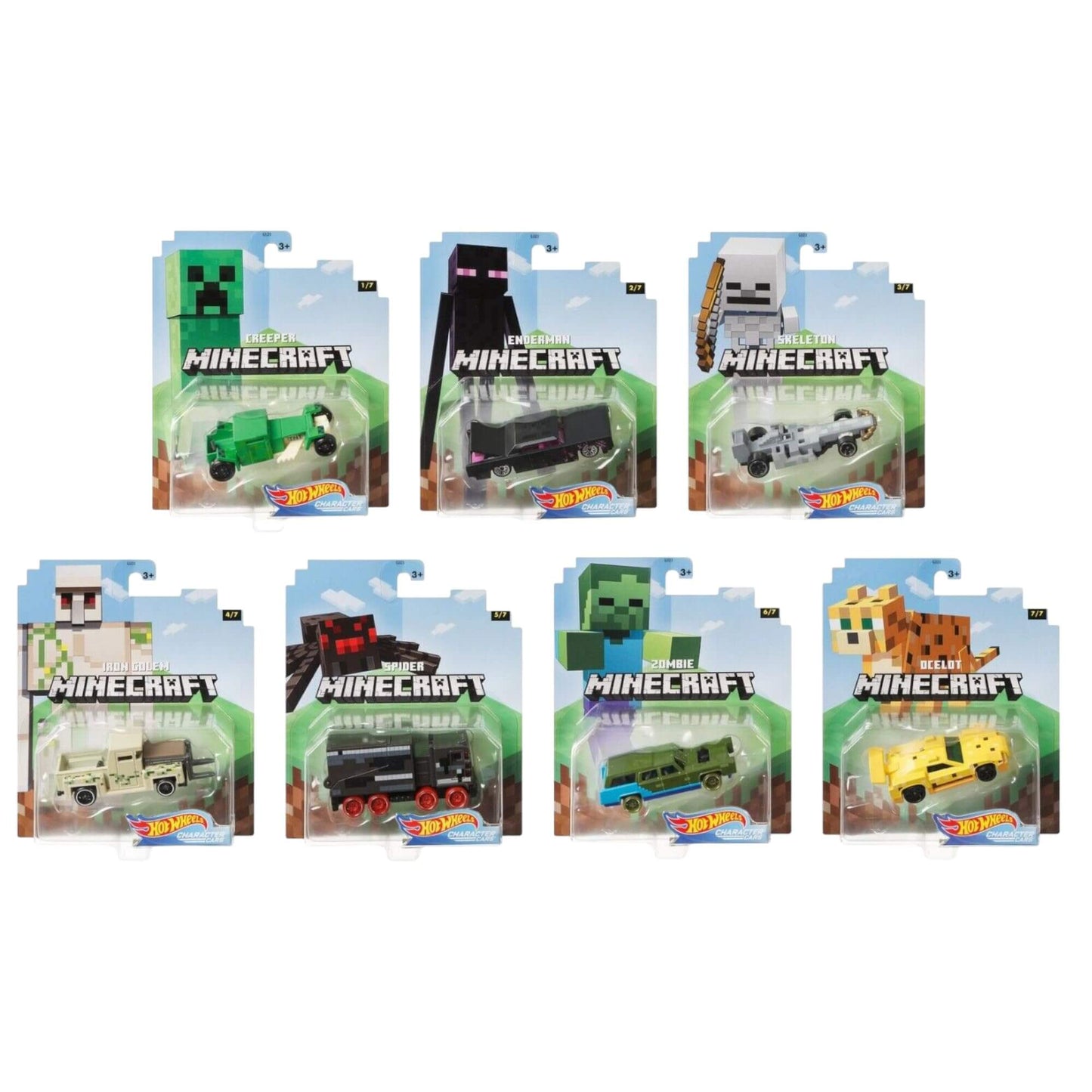Minecraft Hot Wheels character cars set featuring Creeper, Enderman, and more, in collectible packaging.