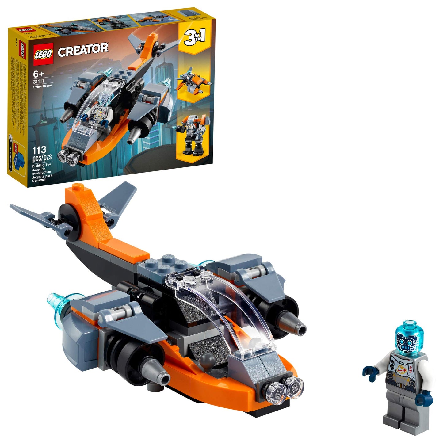 LEGO Creator 3 in 1 Cyber Drone Space Toys Transforms from Drone to Cyber Mech or Cyber Scooter Space Toy Building Set Gift for 6 Plus Year Old Kids Boys and Girls 31111