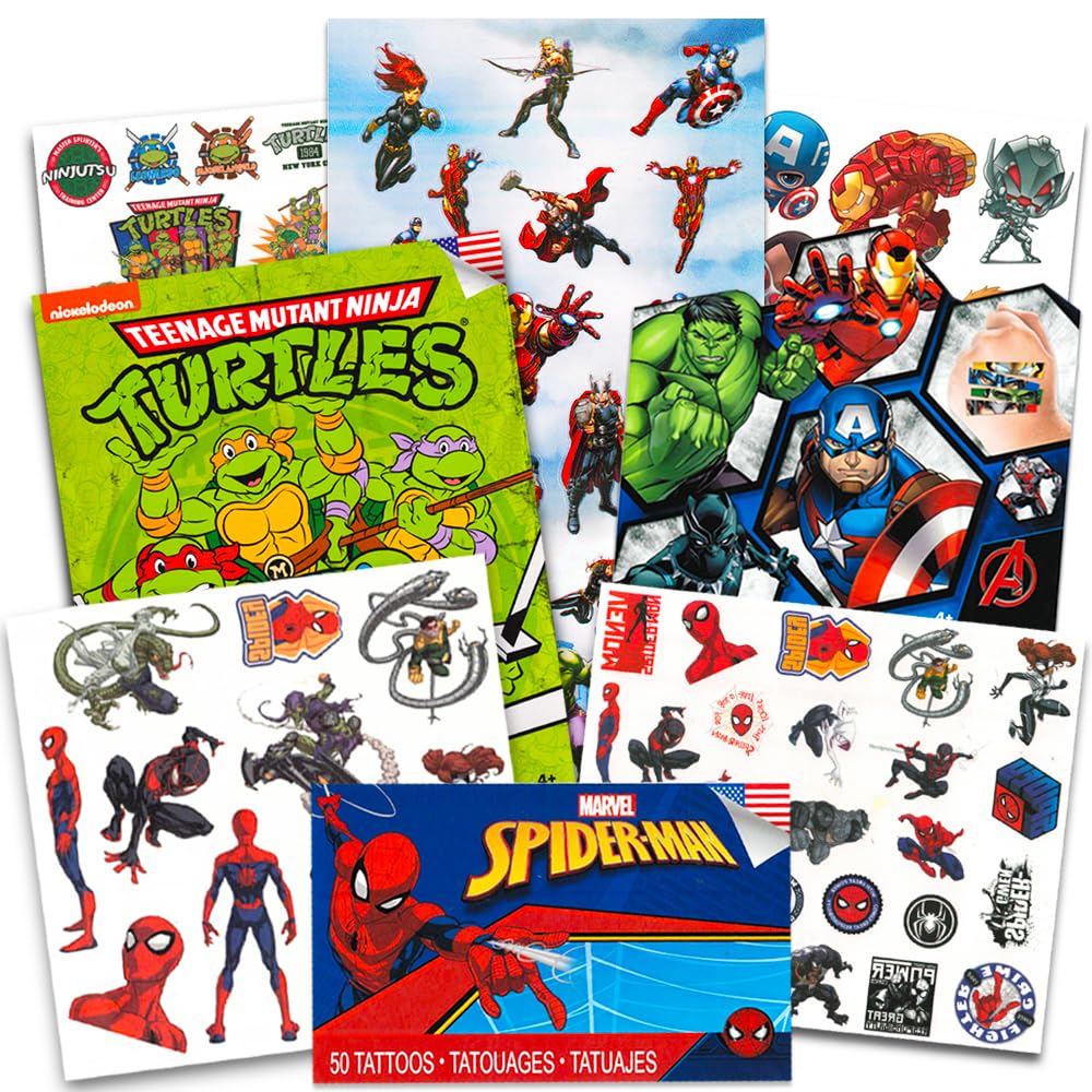 Super Hero Tattoos Party Favors Set - 150 Superhero Temporary Tattoos Featuring Marvel Avengers Spiderman and Teenage Mutant Ninja Turtles Bundle with Avengers Reward Stickers