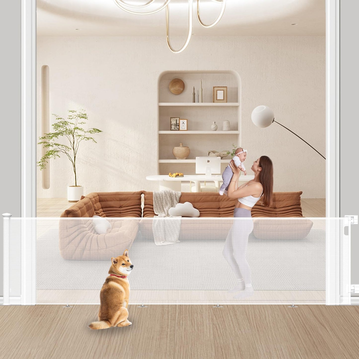 157" Extra Wide Retracrable Baby Gate 34" Tall Dog Gate for The House Mesh Safety Pet Dog Gate for Stairs Indoor Outdoor Doorways Hallways (White)
