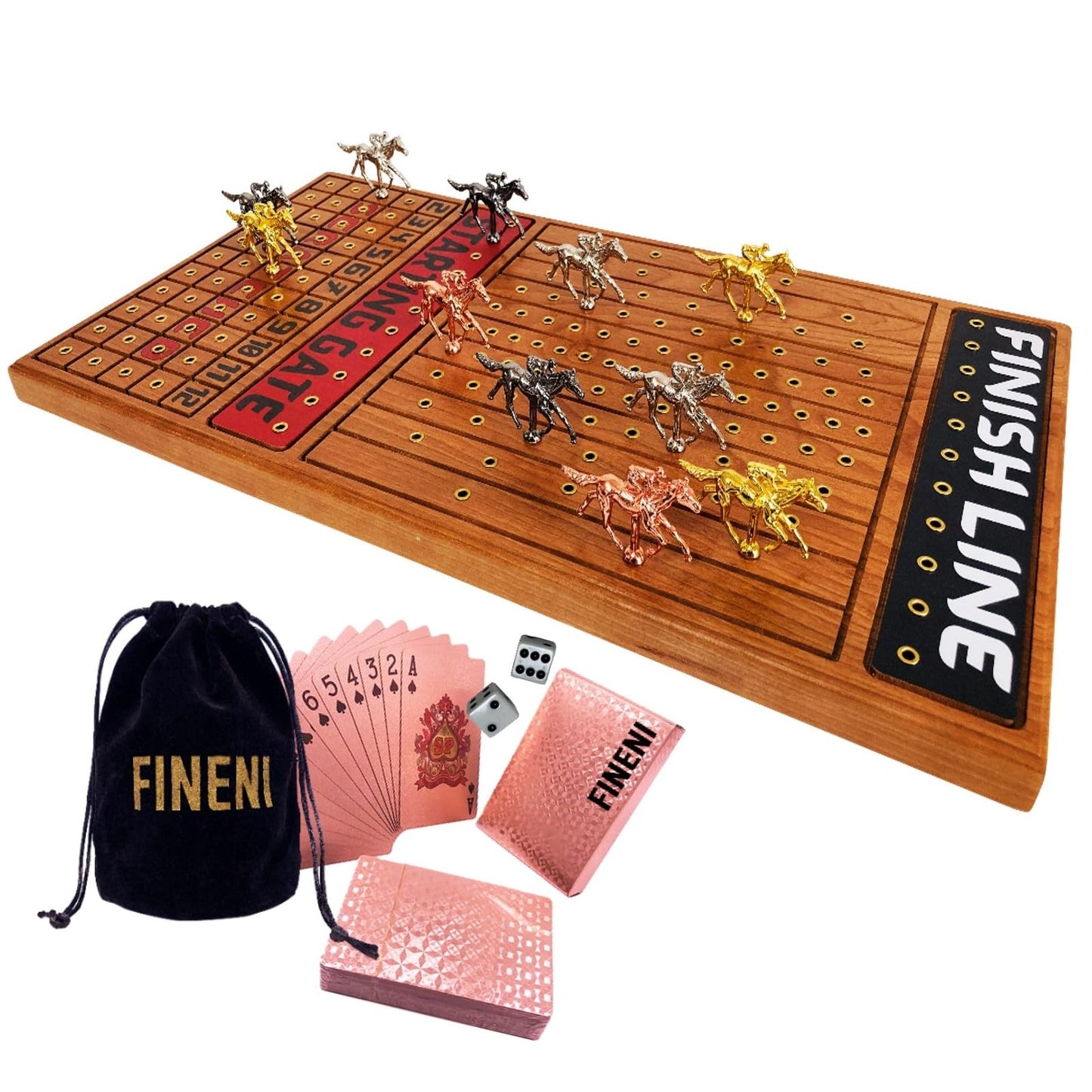 FINENI Horse Racing Game for Adults Horse Race Board Game with 11 Luxurious Metal Horses (Gold Silver Black Rose Gold) 22” Cherry Wood Horse Race Game Board Dice & RoseGoldCard Included (Cherry)