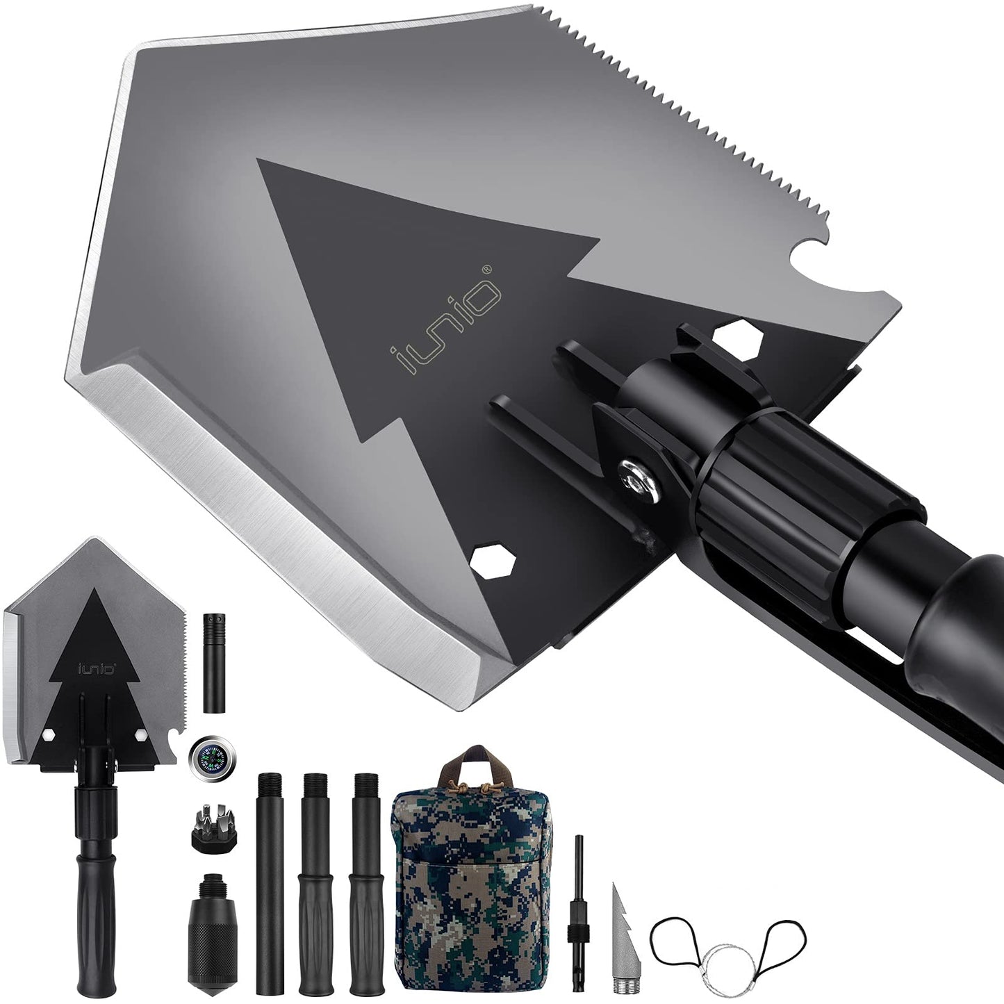 iunio 38inch Folding Shovel Camping Shovel Survival Multitool Foldable Entrenching Tool Portable Collapsible Spade Off-Roading Kit for Camping Backpacking Trenching Car Emergency