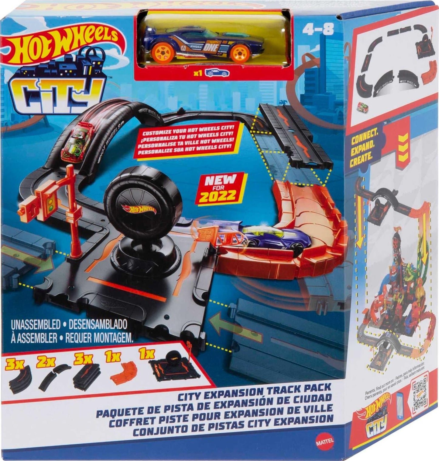 Hot Wheels Toy Car Track Set Pack 10 Track-Building Parts with City Square Bridge & 1:64 Scale Vehicle Connects to Other Tracks