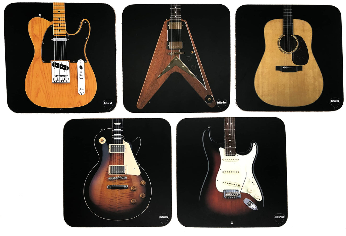Portola Sky Guitar Ink - Guitar Coaster Set / 5 Beautiful Extra-Large Coasters Featuring Classic Guitar Shapes 4.5 x 4.5