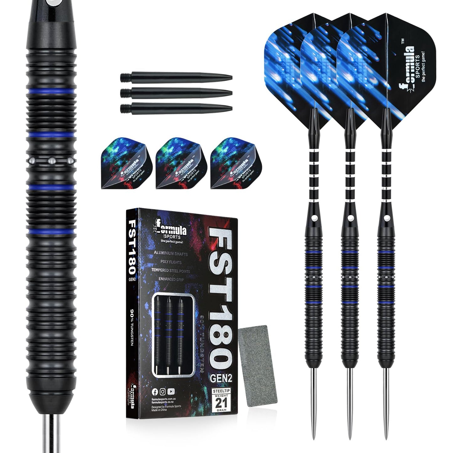 Formula Sports 90% Tungsten Darts Metal Tip Set - Professional Steel Tip Darts Set with 2 Style Flights and Shafts Available in 21g/22g/23g/24g Metal Tip Darts Sharpener Gift Box