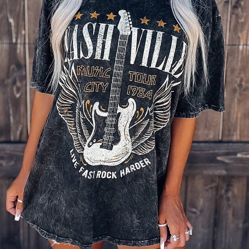 Women Summer Guitar Print Retro Pullover Top
