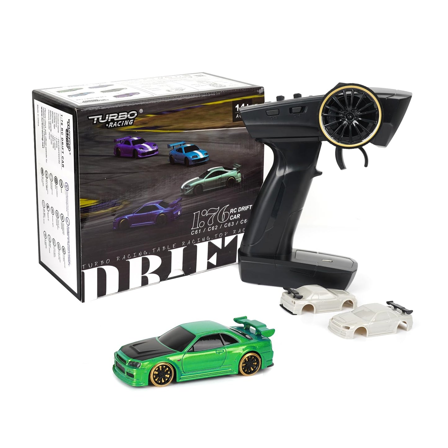 Turbo Racing 1:76 Scale Drift RC Car Table Racing 2.4GHZ Remote Control Mini Model Car with Gyro Full Proportional RTR for Adults Toys (C64-Green)