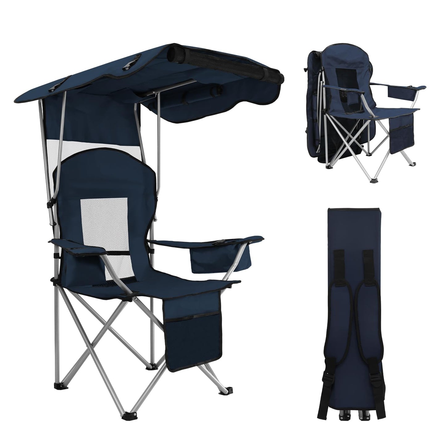 BDL Camping Chair with Canopy Shade Portable Folding Beach Chairs with Cooler Mesh Backrest Cup Holder and Pocket for Camping Fishing Beach and SportsBlue