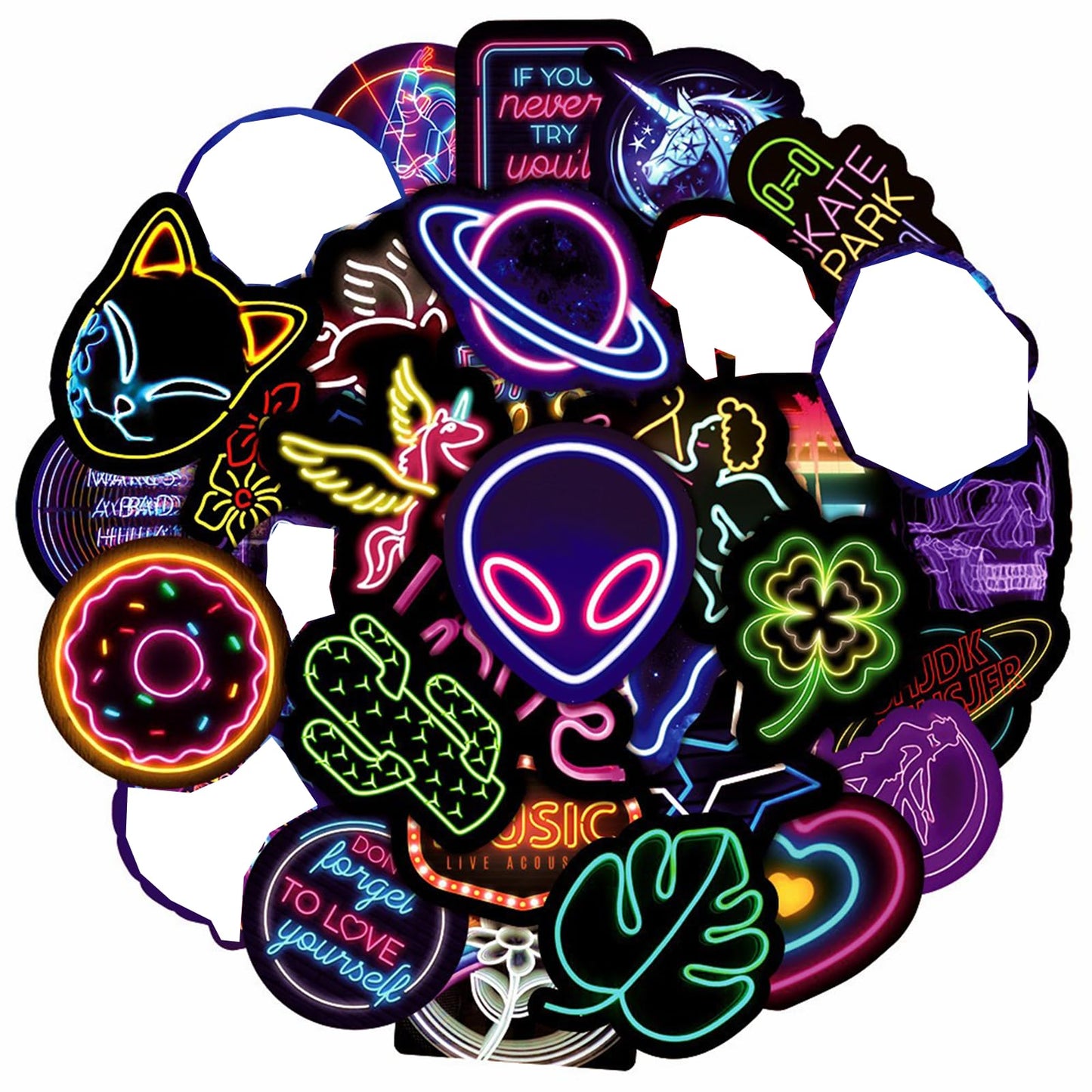 100PCS Cool Neon Light Stickers |Neon Sign Decals for Water Bottles Laptop Phone Guitar Luggage Notebook Skateboard Yonseng Vinyl Waterproof Trendy Graffiti Stickers