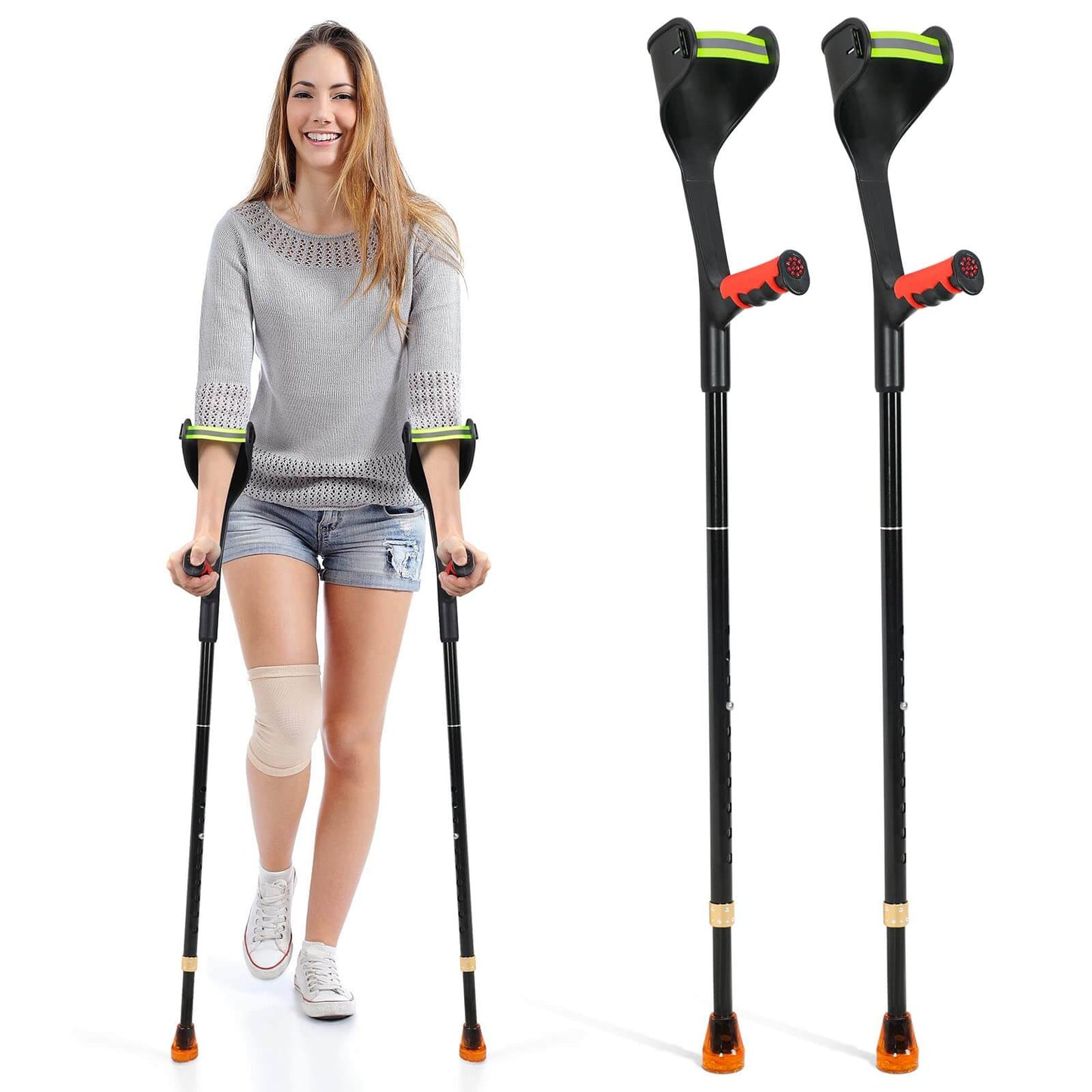 Elorgzem Pair Forearm Crutches Ergonomic Folding Forearm Crutches for Adults with Anti-Dorp Cuff 10-Level Adjustable Height Suitable for Adults with Leg Injury (1 Pair - Red Handle)