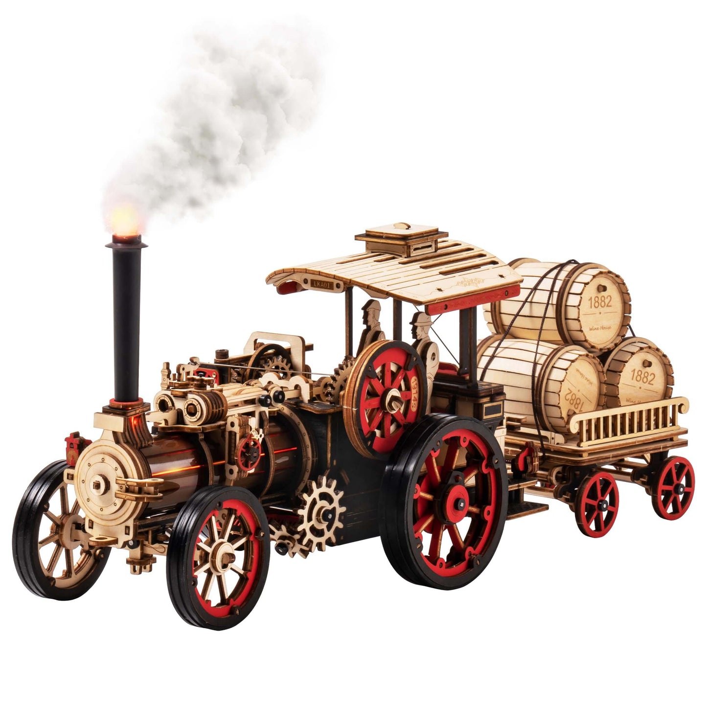 3D steam train puzzle kit for adults showcasing a detailed wooden steam locomotive model with barrels.