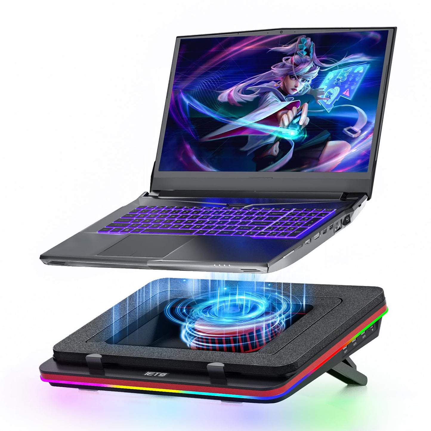 IETS Supercharged Laptop Cooling pad with Continuously Variable Speed turbofanSeal Foam for Rapid Cooling 13-19inch Gaming LaptopAir FiltrationRGB and USB HubPowerful Laptop Cooler