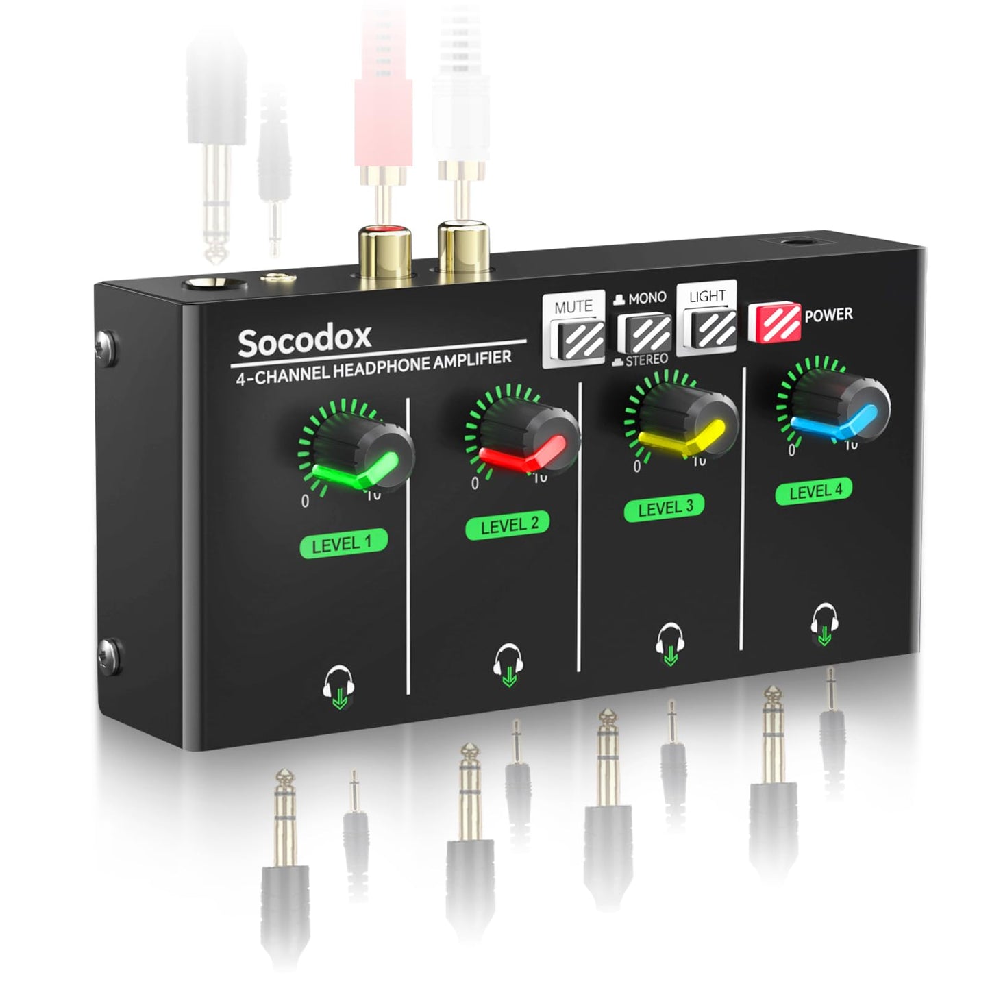 socodox 4-Channel Headphone Amplifier 3.5mm/6.35mm/RCA Jacks Metal Compact Headphone Mixer with 8 Headphone Output Port Stereo Switch Mute Function RGB Light 5.5x2.76x1.2 inch