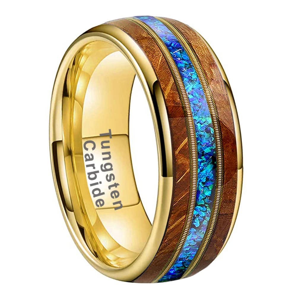 LUXUBANDS 8mm Gold Tungsten Rings for Men Women Engagement Wedding Bands Whisky Wood Guitar String Blue Opal Inlay Domed Comfort Fit Size 11.5