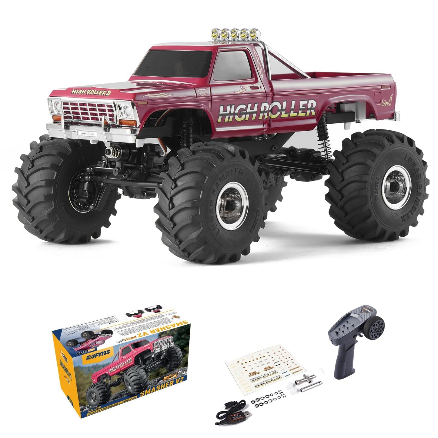 1/24 Smasher Monster RC Crawlers - FCX24 RC Truck 8km/h 2 Speed Transmission for Adults 2.4Ghz Remote Control Car RTR with USB Charger (Red)