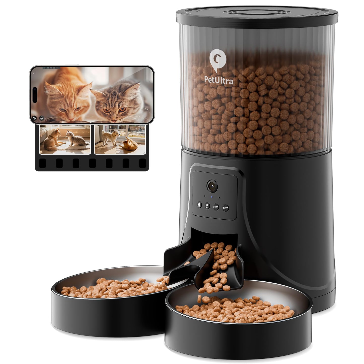 PETULTRA Automatic pet cat dog Feeders Duel pets Feeders with 2.4G WiFi App Remote Control and HD Camera| 2-Way Audio Time Auto Pet Feeder for Multiple Cats- Detachable Clean- with Desiccant Bag