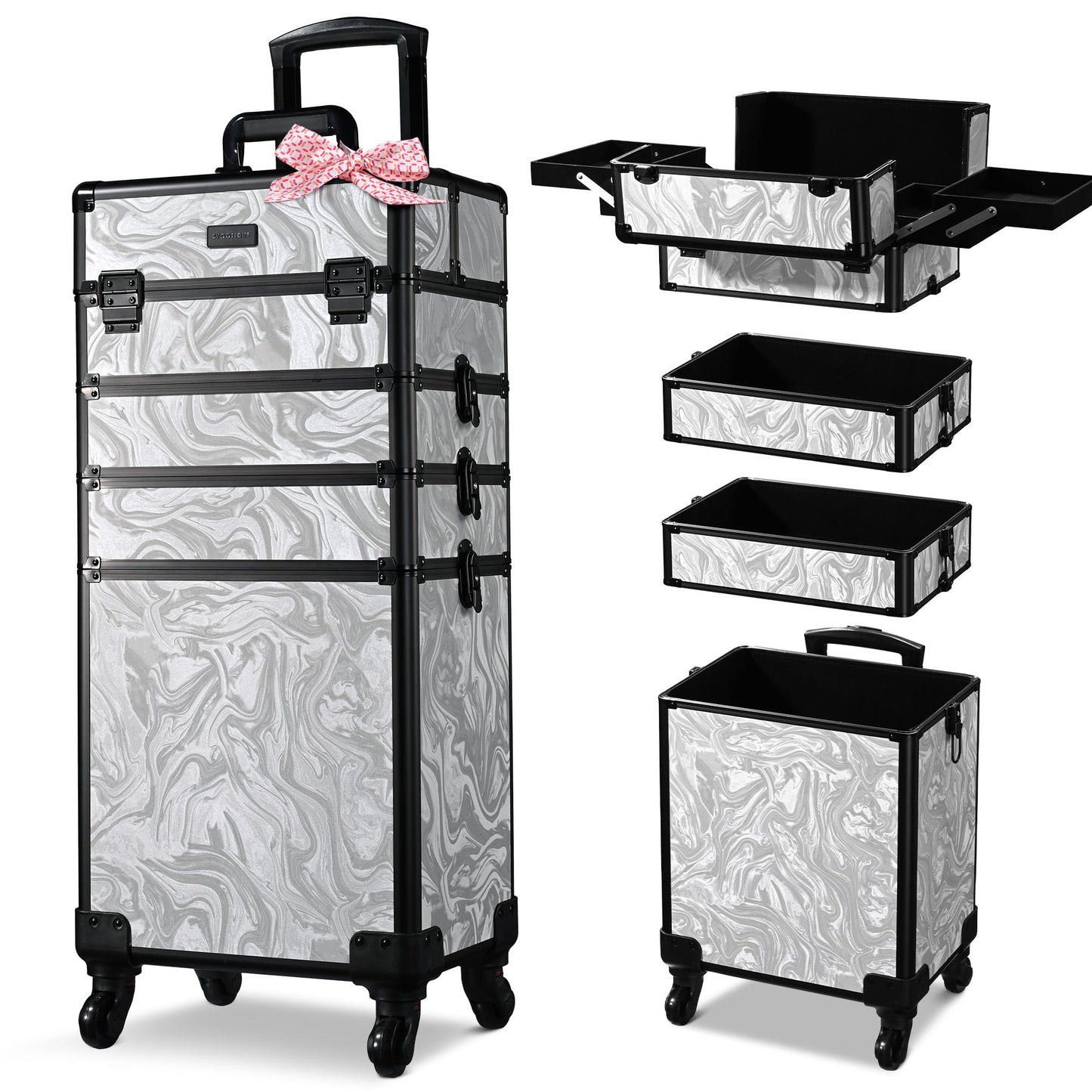 BYOOTIQUE Rolling Makeup Train Case 4 in 1 Cosmetic Trolley Organizer Case Lockable Salon Barber Case Traveling Cart Trunk with Wheels for Makeup Artist Trave NailCoyoteButtes Graystone