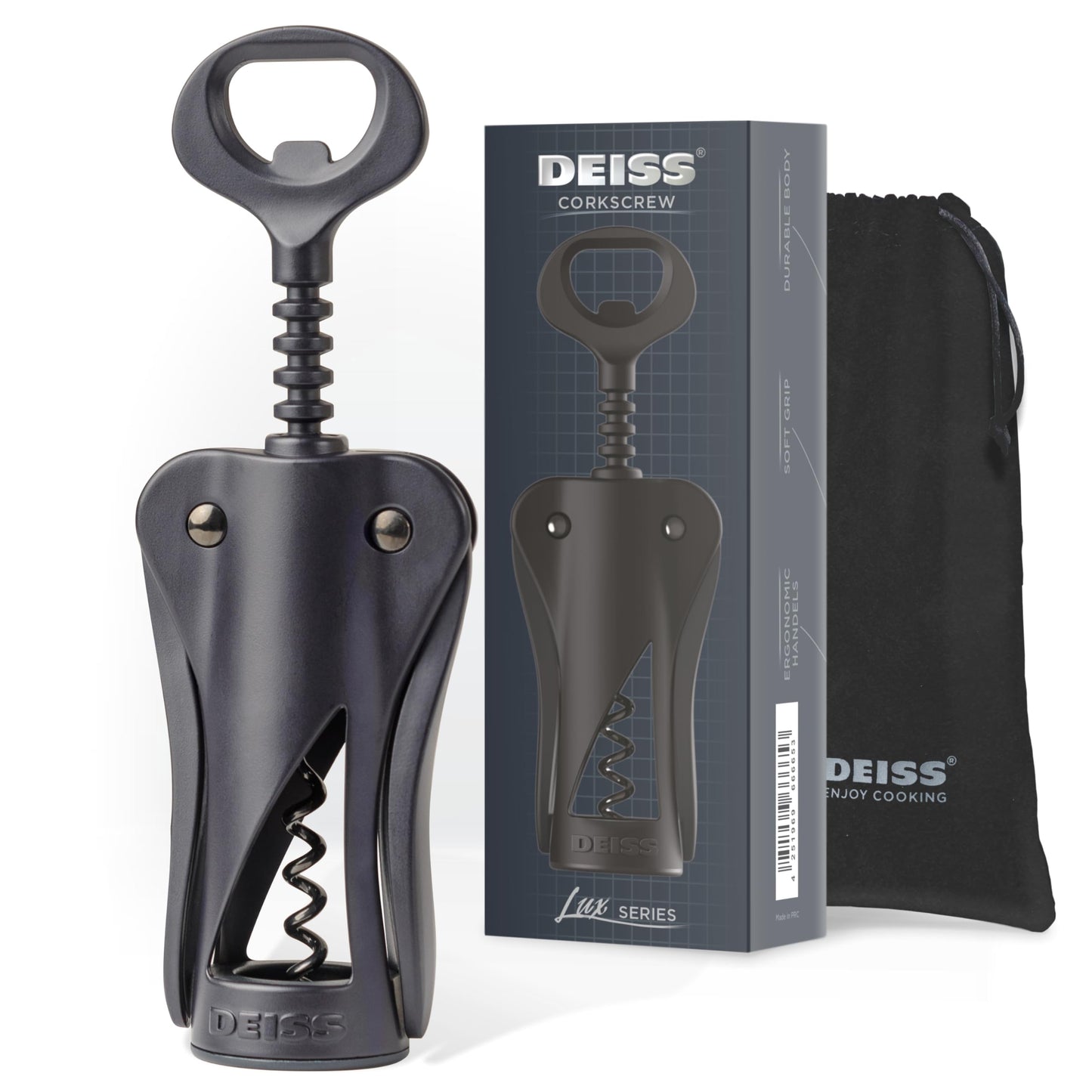Deiss LUX Wine Opener All-Metal Wing Corkscrew Wine Bottle Opener with Built-in Beer Bottle Opener - Ergonomic Cork Screw Wine Corker Silver Matte Coating Velvet Storage Pouch (BLACK)