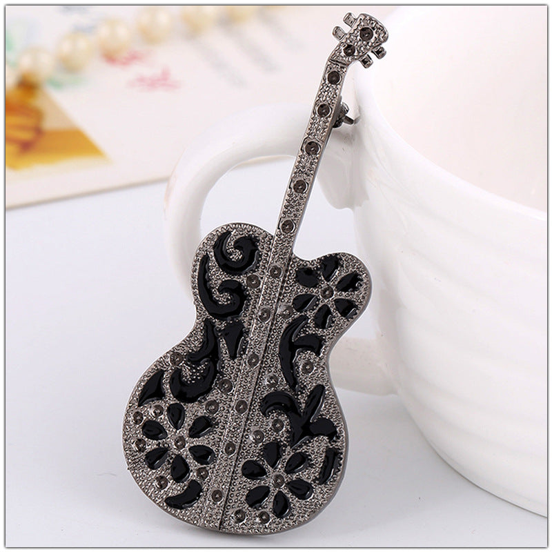 Vintage Black Guitar Violin Brooch Pin Accessory