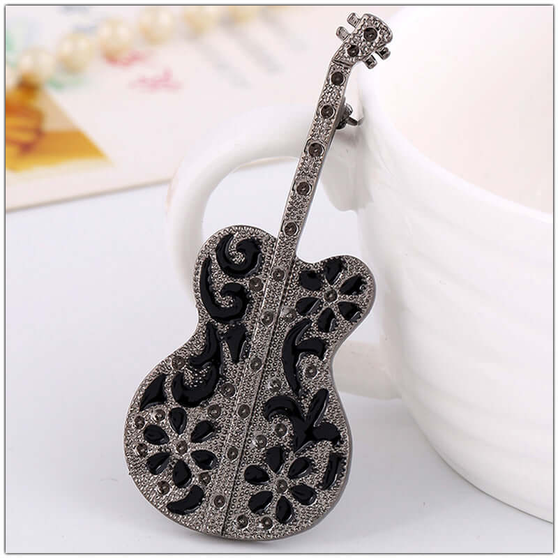 Vintage Black Guitar Violin Brooch Pin Accessory