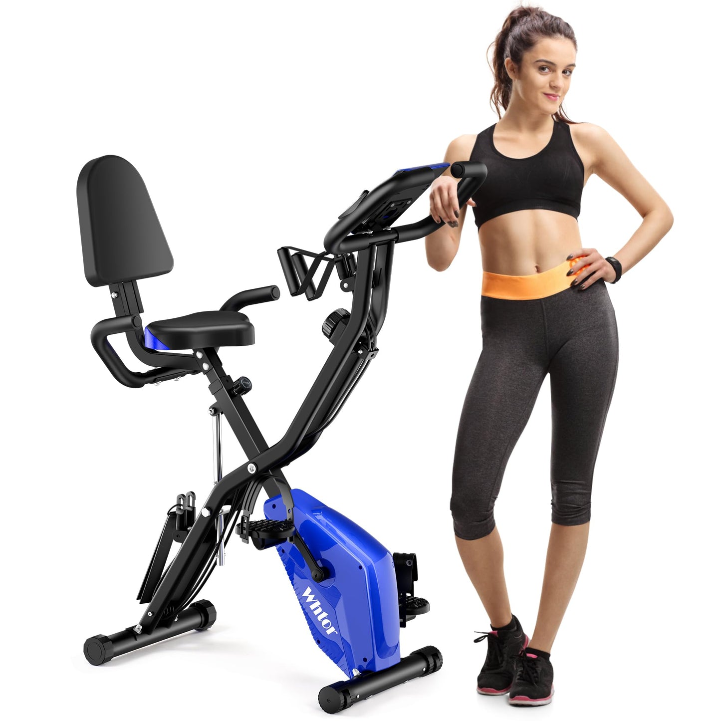 WHTOR Folding Exercise Bike,5 IN 1 Stationary Bike for Home / 16-Level Adjustable Resistance Full Body Workout Indoor Foldable Cycling Bike (Blue)