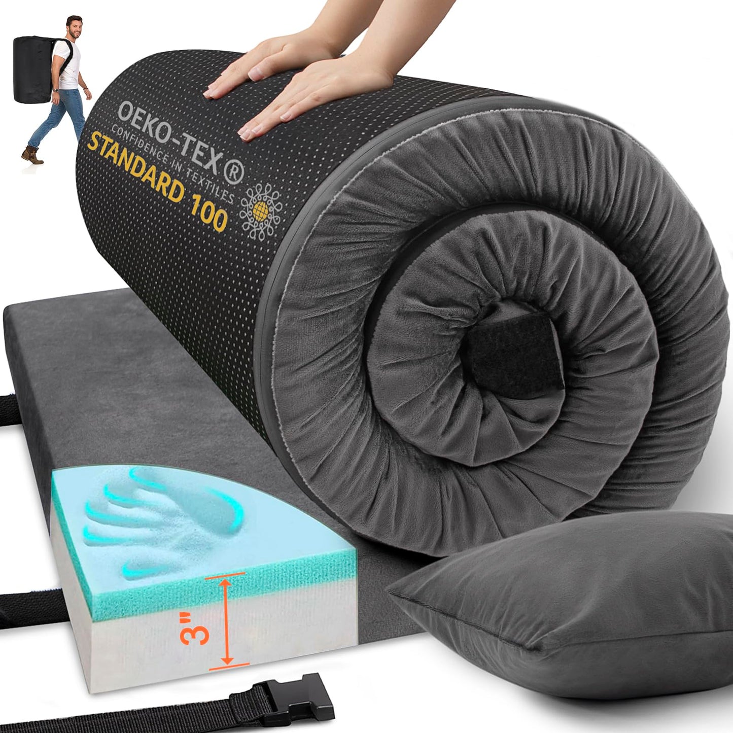 Airpanda Memory Foam Camping Mattress Sleeping Pad 3" Thick Waterproof Portable Roll Up Sleeping Mats & Floor Mattress Pad with Pillow + Travel Bag for Camping Car Truck Tent Sleepover Kids Adult
