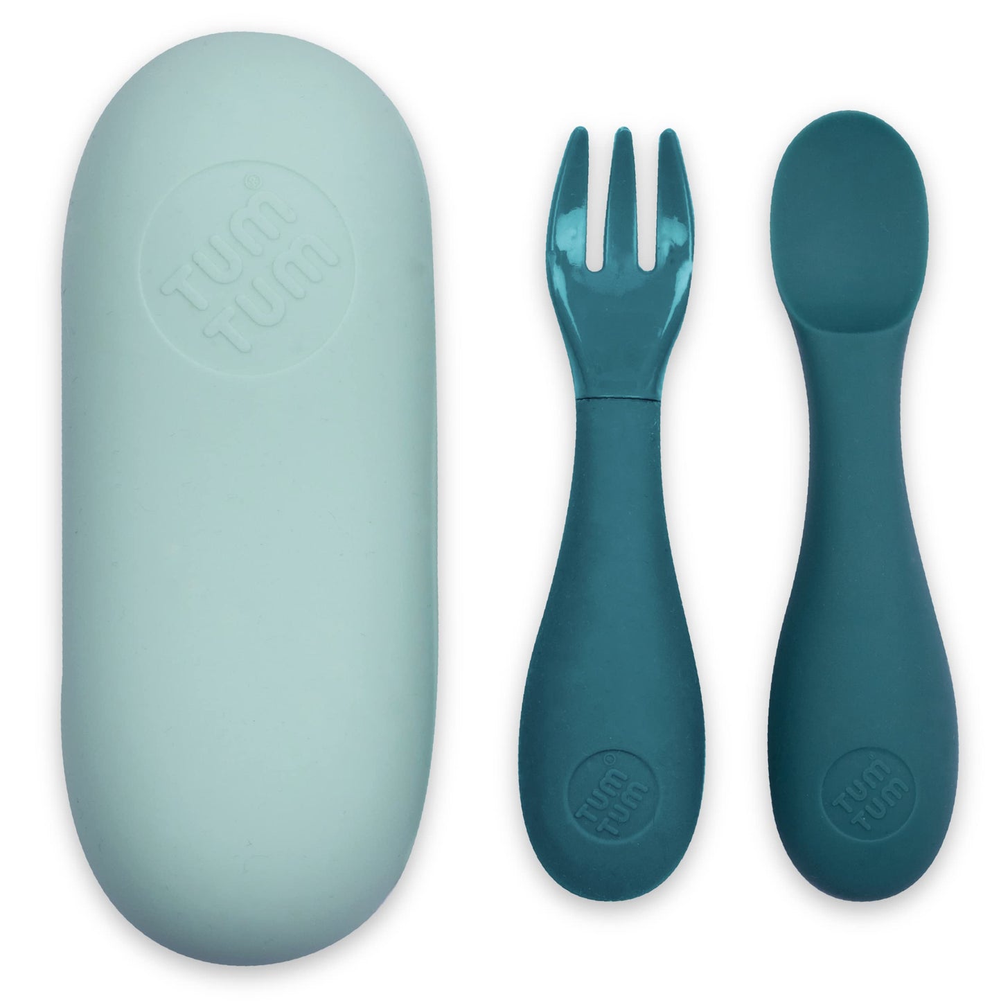 TUM TUM Baby Cutlery with Case Baby Spoon & Fork Set Baby Cutlery for Babies First self Feeding Cutlery Silicone Baby Spoon & Fork 6 Months Plus (Blue)