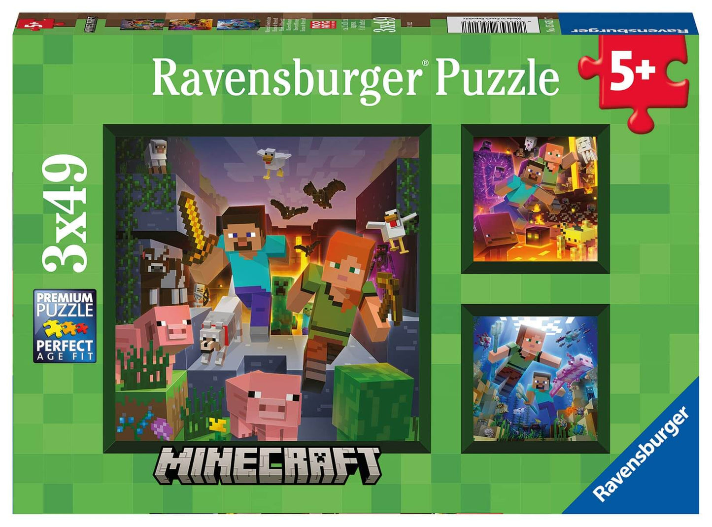Ravensburger Minecraft biomes jigsaw puzzle for kids 3 x 49 piece puzzle set with colorful characters and scenes.