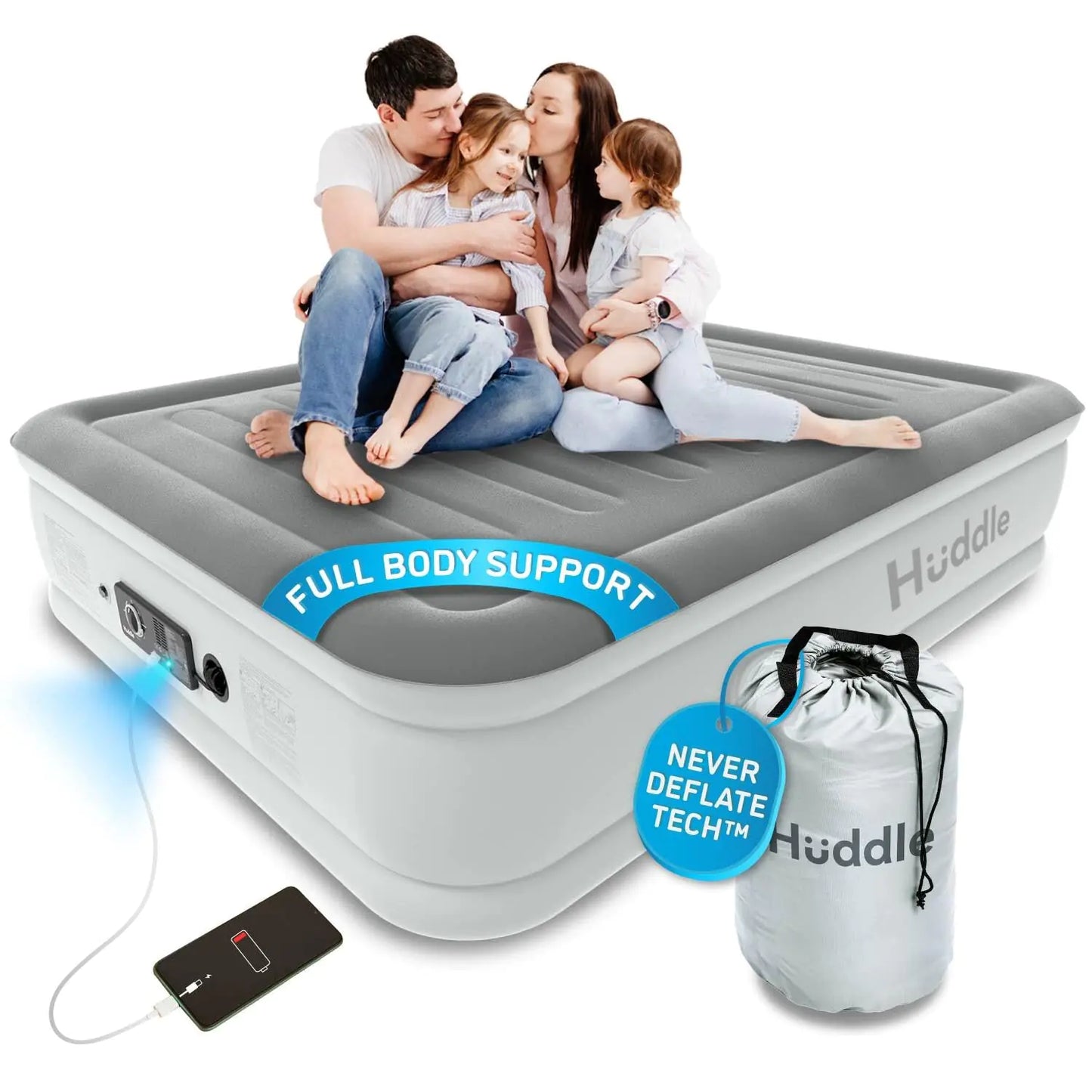 Huddle Luxury Air Bed with Patented Dual Pump SlumberGuard™ Premium Technology | Self-Inflation and Anti-Deflate Airbed Tech | Comfort Inflatable Air Mattress | Queen Size