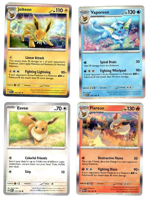 Jolteon Flareon Vaporeon 135/165 - Eevee - Pokemon 151 - Evolution 4 Card Lot - Holo Rare
