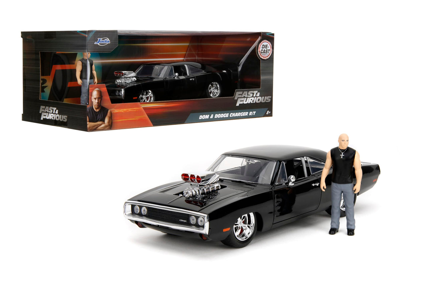 Fast & Furious 1:24 Doms Dodge Charger Die-cast Car & 2.75" Dominic Toretto Figure Toys for Kids and Adults