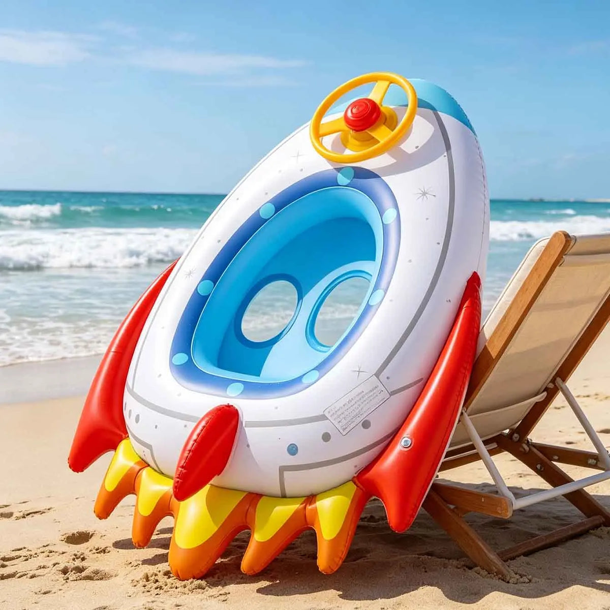 1PC Inflatable Swimming Ring Pool Floats with Seat Steering Wheel Rocket Pattern PVC Water Tube Beach Pool