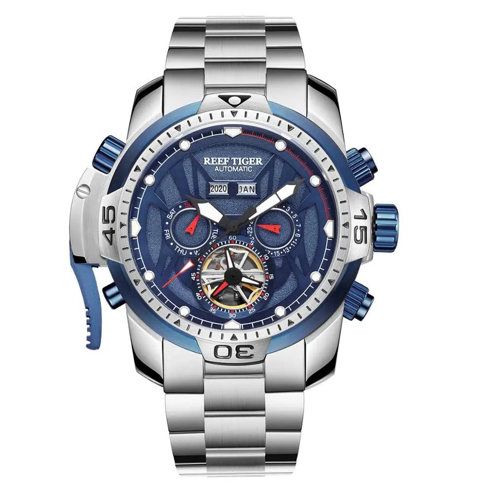 Reef Tiger/RT Sport Watch Complicated Dial with Year Month Perpetual Calendar Steel Bracelet Watches RGA3532