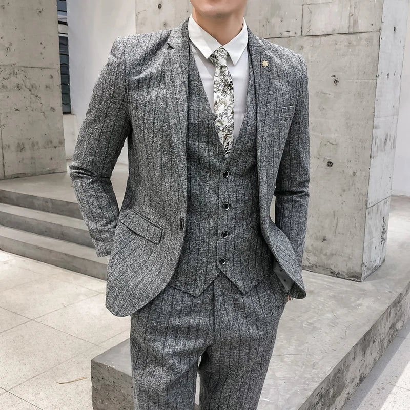 Striped Men's Suit 3-Pieces Blazers+Pant Fashion Korean Slim Fit Casual Men's Tuxedo Wedding Men Suits Groom Suit Men's Business