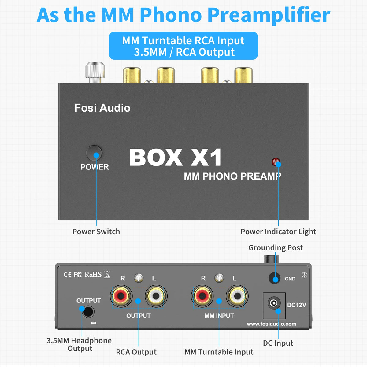 Fosi Audio BOX X1 Phono Preamp for Turntable Phonograph Preamplifier Mini Stereo Audio HiFi With Headphone Amplifier