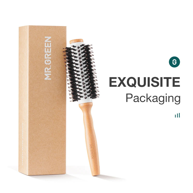 MR.GREEN Boar Bristles Hair Brush Round Styling Curling Roll Hairbrush Natural Wooden Detangling Comb for Long Curly Or Any Type