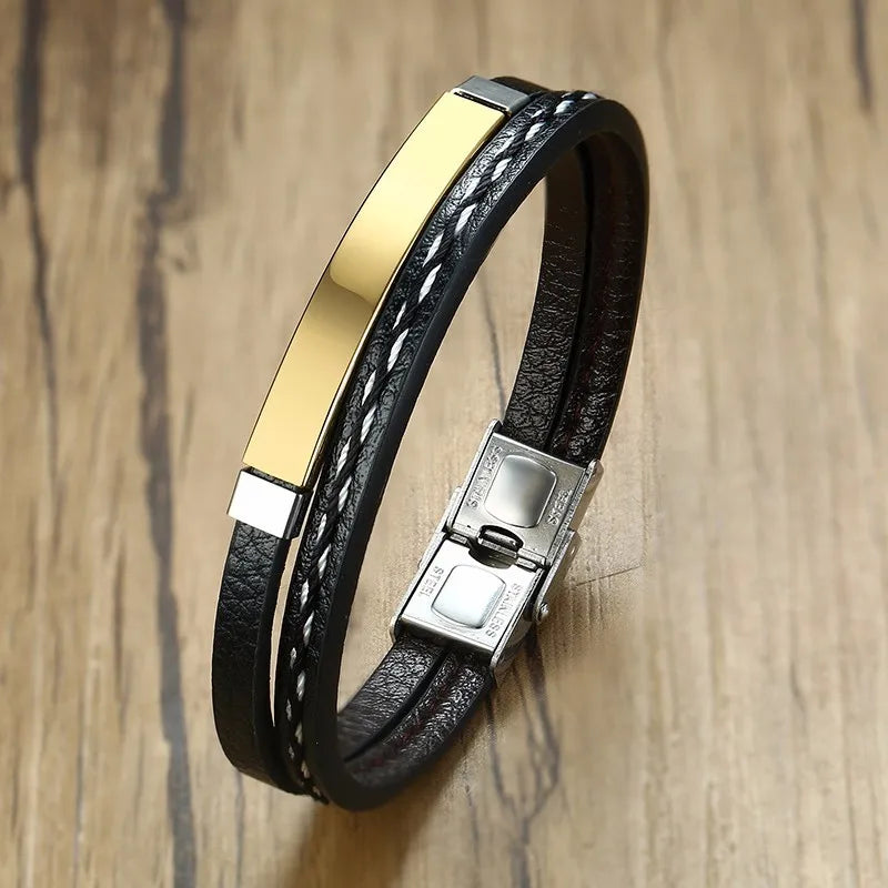 Unique Sew Lines Genuine Leather Bracelets for Men Women Stainless Steel Bar Layered Bangle Causal Pulseira