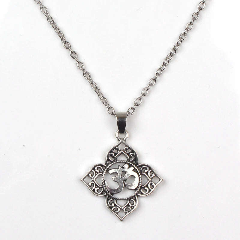 1Pcs Filigree OHM OM AUM Buddha Lotus pendant necklace, Buddhist, yoga necklace