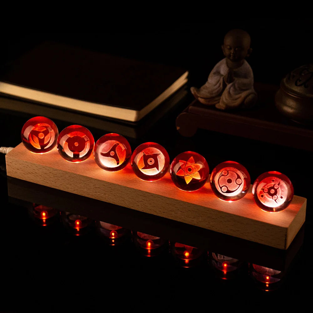 Anime Sasukes Sharingans Crystal Ball With Led Base 7pcs Creative Ornament Desktop Figure Lights Japan Ninjas Fans Birthday Gift