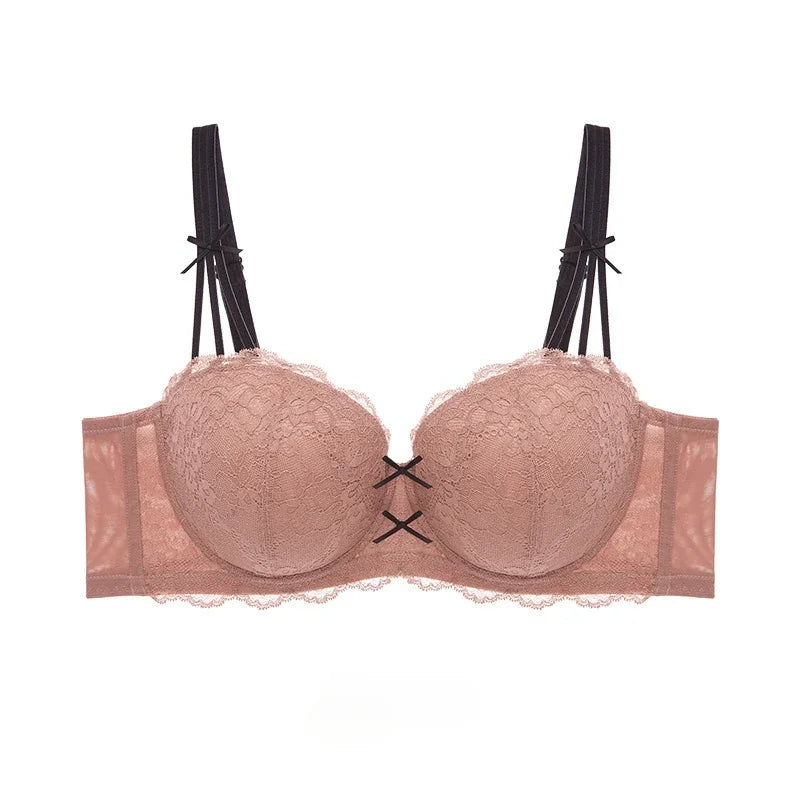 Half Cup Hot Bra Gathered Bowknot Brassiere Thin Large Size Push Up Lace Tube Top Lace Big Chest Revealing Small Lace Bra 9013A