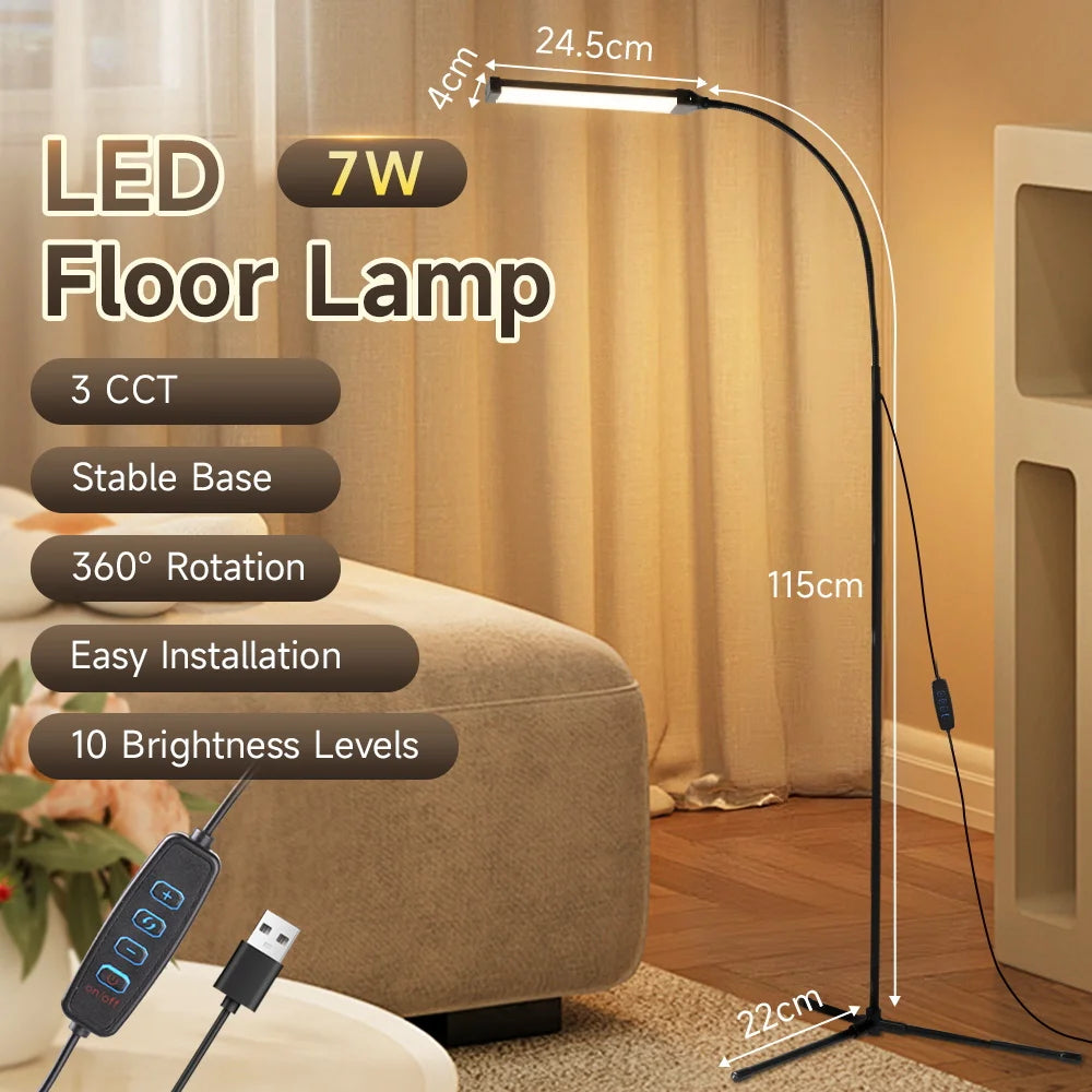 Modern Dimmable LED Floor Lamp 7W Tall Reading Light Standing Lamp for Living Room Bedroom Office