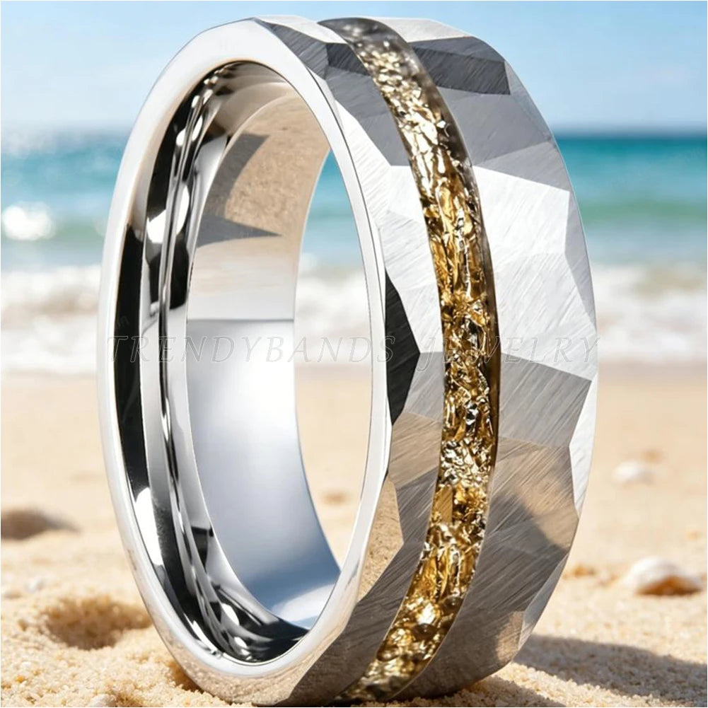 8mm Tungsten Carbide Hammered Wedding Band Engagement Ring for Men And Women with Meteorite And Foil Inlay Fashion Jewelry