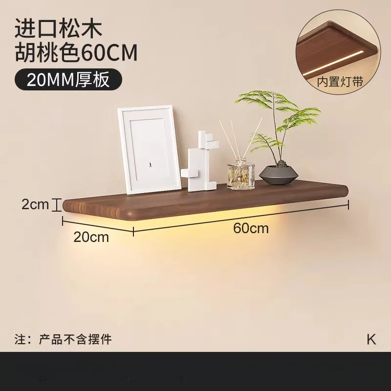 Solid wood luminous laminate wall shelf built-in LED light wall one-word shelf bookshelf honor wall display shelf