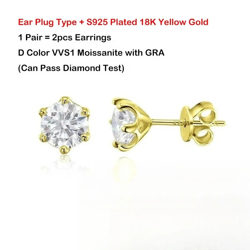 EWYA 0.2/0.5/2ct D Color Moissanite Screw Stud Earrings for Women Men Silver 925 Plated 18K Pass Diamond Test 6 Prong Earring