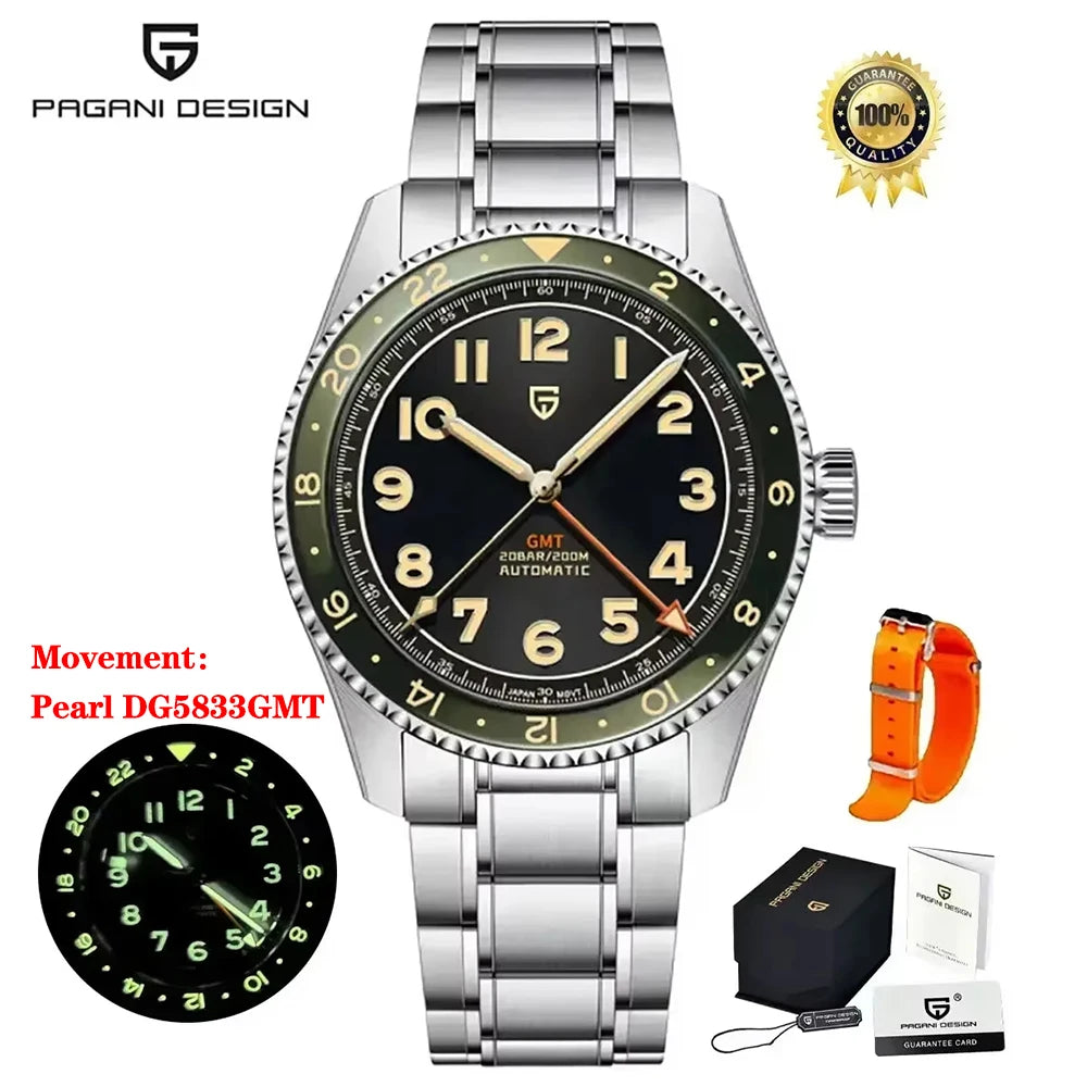 PAGANI DESIGN GMT Automatic Watch For Men 40MM Vintage Dial Sapphire 200M Waterproof Luminous Stainless Mechanical Wristwatch