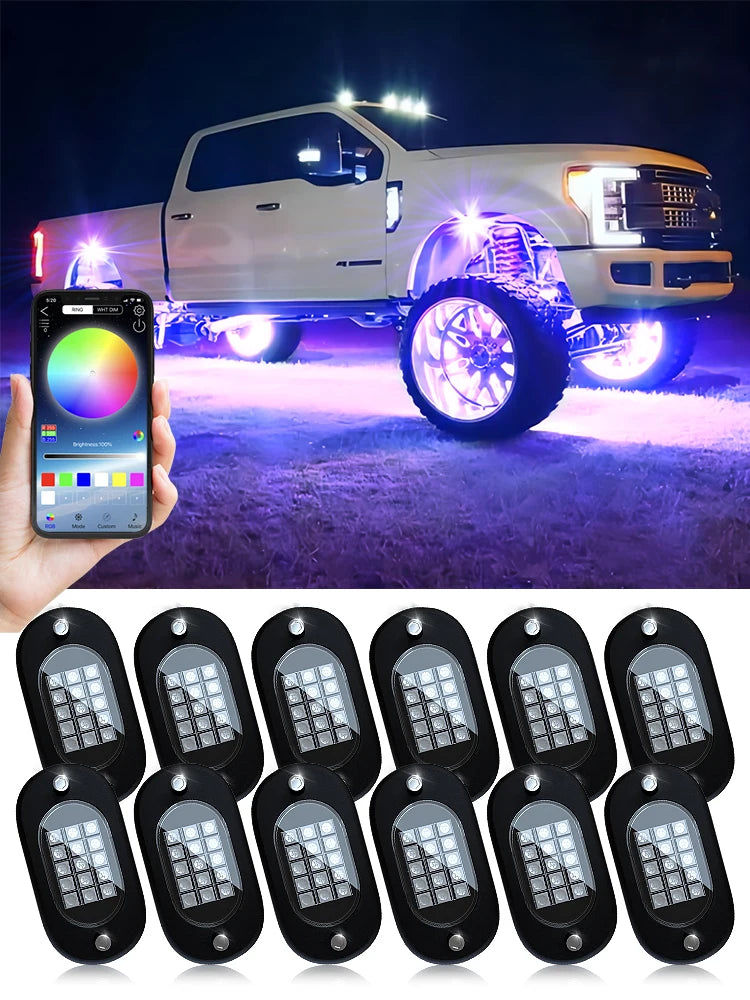 Honalia RGB LED Rock Lights APP Control Music Neon Car Underglow Chassis Light for Offroad Truck SUV 4x4 ATV Boat