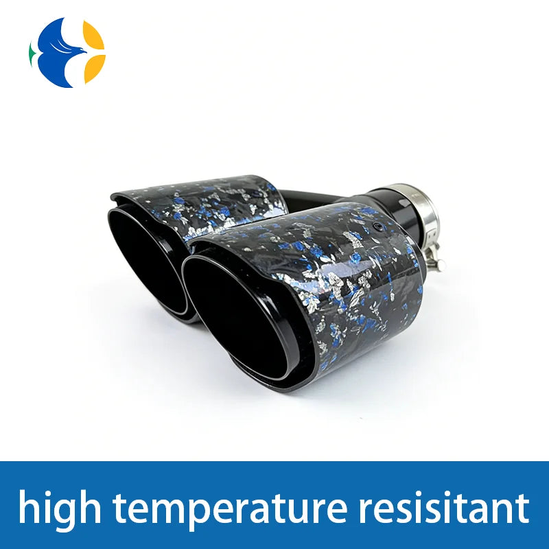 1 pcs AK Logo Blue Foil Forged Carbon Fiber + Black Stainless Steel Car Dual Exhaust Tip Double End Pipe Modification Muffler