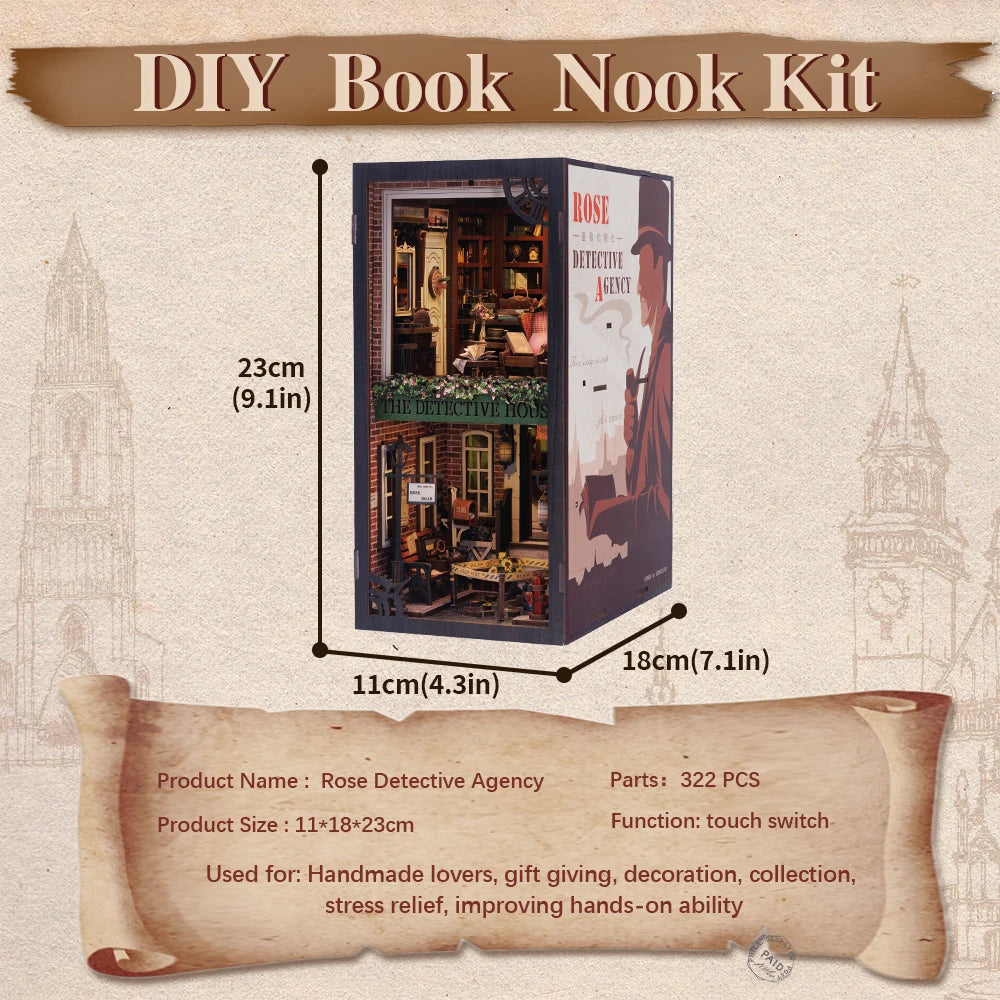 CUTEBEE Book Nook 3D Puzzle Miniature Doll House Kit With Touch Light Dust Cover DIY Bookshelf Insert Gift Rose Detective Agency